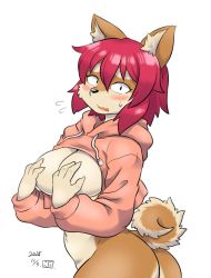 Rule 34 | 1girl, black eyes, breasts, covering privates, covering breasts, furry, furry female, no3512, open mouth, red hair, short hair, solo, sweater