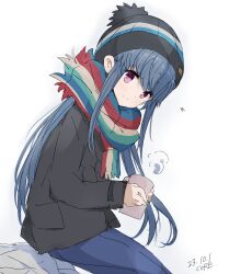 Rule 34 | 1girl, artist name, beanie, black hat, blue hair, blue pants, bobblehat, core (mayomayo), cup, dated, from side, hat, highres, holding, holding cup, jacket, long hair, looking at viewer, looking to the side, multicolored clothes, multicolored scarf, pants, purple eyes, scarf, shima rin, simple background, sitting, smile, solo, striped clothes, striped scarf, very long hair, white background, white jacket, yurucamp
