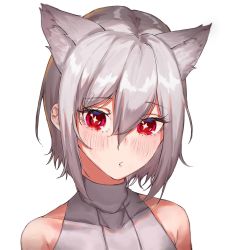 +_+ 1girl animal_ears bad_id bad_twitter_id bare_shoulders blush bob_cut copyright_request cozyu grey_hair hair_between_eyes highres looking_at_viewer parted_lips portrait red_eyes simple_background solo white_background