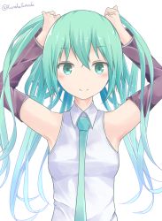 Rule 34 | 1girl, absurdres, arms up, bare shoulders, blush, breasts, bunching hair, closed mouth, collared shirt, detached sleeves, green eyes, green hair, green necktie, hair between eyes, hatsune miku, highres, holding, holding hair, long hair, long sleeves, looking at viewer, medium breasts, necktie, shirt, simple background, sleeveless, sleeveless shirt, smile, solo, tateishi kureha, twitter username, two side up, very long hair, vocaloid, white background, white shirt