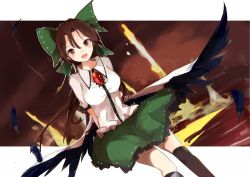 Rule 34 | 1girl, arms behind back, asymmetrical legwear, black thighhighs, black wings, blouse, blush, bow, cape, collared shirt, commentary, cowboy shot, dutch angle, eyeball, feathers, green skirt, hair bow, long hair, looking at viewer, open mouth, puffy sleeves, red eyes, reiuji utsuho, shirt, short sleeves, skirt, smile, solo, standing, tetsurou (fe+), thighhighs, third eye, touhou, uneven legwear, white shirt, wings
