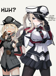 Rule 34 | 10s, 2girls, ;o, bismarck (kancolle), black gloves, black legwear, blonde hair, blue eyes, blush, breasts, brown gloves, capelet, celtic knot, commentary request, cross, gloves, graf zeppelin (kancolle), hard-translated, hat, hat tip, iron cross, iwasaki takashi, kantai collection, large breasts, long hair, military, military hat, military uniform, miniskirt, multiple girls, one eye closed, pantyhose, peaked cap, pleated skirt, sideboob, simple background, skirt, third-party edit, translated, twintails, uniform, white background