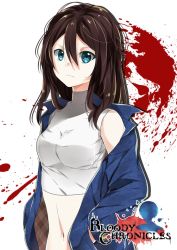 Rule 34 | 1girl, bare shoulders, blood, blood splatter, bloody chronicles, blue eyes, blue jacket, breasts, copyright name, crop top, jacket, kaoru moriyama, logo, long hair, long sleeves, looking at viewer, midriff, navel, off shoulder, official art, open clothes, open jacket, shadow, solo, stomach, upper body