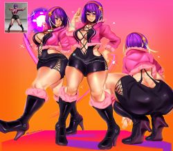 Rule 34 | 1girl, absurdres, asamiya athena, ass, blush, boots, breasts, butt crack, cashumeru, cosplay, dress, hairband, heart, high heel boots, high heels, highres, huge ass, jacket, large breasts, lipstick, makeup, navel, orb, purple eyes, purple hair, shermie (kof), shermie (kof) (cosplay), snk, squatting, the king of fighters, wide hips