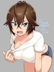 Rule 34 | 1girl, agawa ryou, antenna hair, bent over, blue eyes, breasts, brown hair, commentary, denim, denim shorts, english commentary, fang, freckles, grey background, large breasts, looking at viewer, open mouth, original, short hair, short shorts, shorts, simple background, solo, thighs