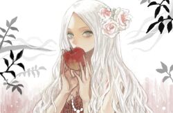 Rule 34 | 1girl, apple, bad drawr id, bad id, bead necklace, beads, blue eyes, character request, copyright request, em (emily), flower, food, fruit, hair flower, hair ornament, holding, holding food, holding fruit, jewelry, leaf, long hair, necklace, oekaki, original, parted bangs, rose, solo, white background, white flower, white hair, white rose