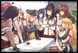 Rule 34 | 6+girls, akagi (kancolle), akizuki (kancolle), antiqq, ark royal (kancolle), bare shoulders, beret, bismarck (kancolle), black border, black hair, blonde hair, blue eyes, border, breast hold, breasts, brown eyes, brown gloves, brown hair, cleavage, commentary, crossed arms, detached sleeves, dress, food, food on face, front-tie top, gloves, hair between eyes, hairband, hakama, hakama skirt, haruna (kancolle), hat, headgear, highres, huge breasts, iowa (kancolle), japanese clothes, kantai collection, large breasts, littorio (kancolle), long hair, long sleeves, medium breasts, military, military hat, military uniform, multiple girls, nontraditional miko, open mouth, parody, partially fingerless gloves, partly fingerless gloves, peaked cap, pleated skirt, ponytail, pudding, real life, red hair, red hakama, red skirt, revision, richelieu (kancolle), saratoga (kancolle), short hair, short sleeves, skirt, smile, star-shaped pupils, star (symbol), symbol-shaped pupils, tasuki, tears, thighhighs, tiara, uniform, wavy hair, white dress, yamato (kancolle), yugake, z flag