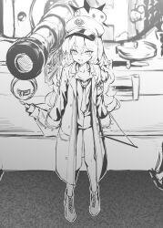 Rule 34 | 1girl, absurdres, armband, blue archive, boots, breasts, cleavage, collarbone, collared shirt, greyscale, hair between eyes, halo, hat, highres, iroha (blue archive), jacket, long hair, long sleeves, looking at viewer, military hat, military jacket, military vehicle, monochrome, motor vehicle, necktie, no pants, parted lips, peaked cap, shirt, sign, small breasts, solo, soy chicken, tank, tiger i, unbuttoned, unbuttoned jacket, very long hair, wavy hair