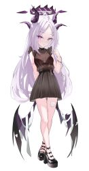 Rule 34 | 1girl, absurdres, bandaid, black dress, black footwear, black horns, black wings, blue archive, breasts, collarbone, cuffs, demon horns, demon wings, dress, grey hair, gyuu, halo, highres, hina (blue archive), horns, long hair, looking at viewer, multiple horns, parted lips, purple eyes, shackles, shoes, simple background, small breasts, solo, white background, wings