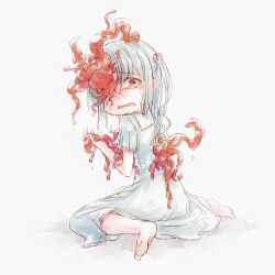 Rule 34 | 1girl, barefoot, commentary request, crying, crying with eyes open, dated commentary, dress, flesh, full body, grey dress, grey hair, hand up, looking at viewer, looking back, lowres, mutation, one side up, original, rakuni, red eyes, sitting, solo, tears, tentacles, wariza, white dress