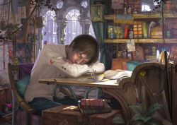 Rule 34 | 1boy, absurdres, arch, blanket, board, book, book stack, bookshelf, box, brick wall, brown hair, bug, butterfly, buttons, calendar (object), chain, chair, closed eyes, coin, crossed arms, cup, curtains, desk, feathers, flower, head rest, highres, indoors, insect, ivy, jar, ladybug, lamp, leaf, male focus, md5 mismatch, note, open book, original, paintbrush, pants, paper, pillar, pillow, plant, pocket watch, potted plant, reishin (tenpurasoba), room, rope, saucer, shelf, shirt, short hair, silk, sitting, sleeping, solo, spider web, spoon, suitcase, table, teacup, vial, watch, white shirt, window