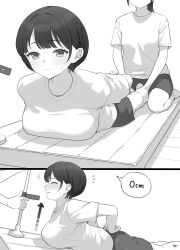 Rule 34 | 3girls, arms behind back, blush, breasts, closed eyes, closed mouth, commentary request, flying sweatdrops, greyscale, gym shirt, gym shorts, gym uniform, highres, medium breasts, monochrome, multiple girls, original, shirt, short sleeves, shorts, takenoko no you