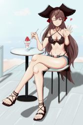 Rule 34 | 1girl, absurdres, arm up, azur lane, bare legs, bare shoulders, beach, bikini, bikini top only, black hat, bow, breasts, brown bikini, brown hair, chair, cleavage, closed mouth, collarbone, crossed legs, denim, denim shorts, earrings, food, full body, hair bow, hat, heart, heart print, highres, ice cream, jean bart (azur lane), jean bart (private apres midi) (azur lane), jewelry, legs, long hair, looking at viewer, medium breasts, navel, official alternate costume, one eye closed, pirate hat, red eyes, ropi (yyuichi29), sandals, shorts, simple background, sitting, smile, solo, swimsuit, table, toes