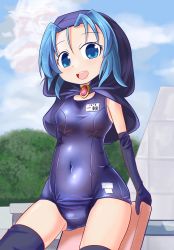 Rule 34 | 1girl, black gloves, black thighhighs, blue eyes, blue hair, blue one-piece swimsuit, blue sky, cloud, covered navel, cowboy shot, day, elbow gloves, gloves, hood, kickboard, kumoi ichirin, looking at viewer, name tag, one-piece swimsuit, open mouth, outdoors, reform (tayo reform), school swimsuit, shiny clothes, short hair, sky, smile, solo, swimsuit, thighhighs, touhou, unzan