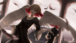 Rule 34 | 2girls, :d, absurdres, angel wings, arch, back-to-back, backlighting, bell sleeves, black dress, black feathers, black jacket, blonde hair, bob cut, cathy (satsuriku no tenshi), collarbone, covered face, dress, dual persona, facing away, feathers, gradient hair, green eyes, hair between eyes, halo, highres, jacket, long sleeves, looking at viewer, multicolored hair, multiple girls, open mouth, outstretched hand, pink hair, puffy short sleeves, puffy sleeves, qianlilingjiang, satsuriku no tenshi, short hair, short sleeves, smile, stairs, wings