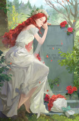 Rule 34 | 1girl, arm pillow, bare shoulders, bare tree, barefoot, bouquet, breasts, character name, closed mouth, copyright name, cover, cover page, dated, day, dress, english text, flower, flower wreath, from side, full body, grass, green ribbon, hair ribbon, hands up, head rest, head wreath, highres, ivy, korean commentary, leaning to the side, lips, long hair, looking at viewer, novel cover, off-shoulder dress, off shoulder, outdoors, petals, pine tree, puffy short sleeves, puffy sleeves, red flower, red hair, red rose, ribbon, rose, see-through, shawl, short sleeves, sideways glance, sitting, sky, solo, to you who will kill me, tombstone, tree, under tree, very long hair, wavy hair, white dress, white footwear, yellow flower, yokan (cxsp4773)