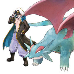 Rule 34 | 1boy, baggy pants, boots, brown footwear, byte (grunty-hag1), coat, commentary request, creatures (company), drake (pokemon), elite four, facial hair, game freak, gen 3 pokemon, grey hair, hand in pocket, hand on headwear, hat, long sleeves, male focus, mustache, navel, nintendo, old, old man, open clothes, open coat, pants, pokemon, pokemon (creature), pokemon rse, purple pants, salamence, simple background, standing, white background, white headwear