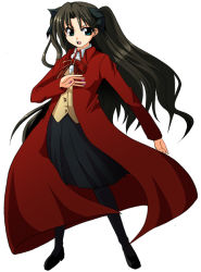 Rule 34 | 00s, 1girl, :o, black pantyhose, brown hair, buttons, fate/stay night, fate (series), female focus, full body, green eyes, jacket, legs apart, long hair, open clothes, open jacket, open mouth, pantyhose, pleated skirt, ribbon, sawano akira, simple background, skirt, solo, standing, tohsaka rin, two side up, vest, white background