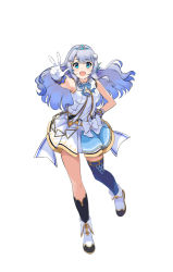 Rule 34 | 1girl, alternate costume, biqi gu qi ku bi, blue eyes, blue hair, blush, breasts, corrupted metadata, doris (hololive), fins, floating hair, gloves, highres, hololive, hololive china, idol clothes, long hair, medium breasts, open mouth, single thighhigh, skirt, solo, thighhighs, tiara, v, virtual youtuber, white background, white footwear, white gloves, white skirt, wrist cuffs
