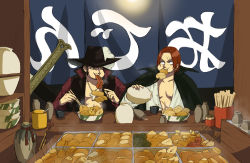 Rule 34 | 2boys, alcohol, black hair, brown hair, cape, chopsticks, cocotri, cup, dracule mihawk, drinking, eating, food, hat, hat feather, jar, lining, male focus, multiple boys, oden, one piece, open clothes, open shirt, red hair, sake, scar, shanks (one piece), shirt, yoru (sword)