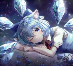 Rule 34 | 1girl, ;), absurdres, animal ear fluff, animal ears, ascot, bad id, bad twitter id, blue bow, blue dress, blue eyes, blue flower, blue hair, blurry, blush, bow, breasts, cat ears, cirno, closed mouth, collared shirt, dark background, depth of field, dress, flower, glint, hair between eyes, hair bow, head rest, highres, ice, ice wings, kemonomimi mode, looking at viewer, lying, mirage (rairudiseu), on ground, on side, one eye closed, puffy short sleeves, puffy sleeves, red ascot, shirt, short hair, short sleeves, small breasts, smile, solo, sparkle, touhou, upper body, white shirt, wings