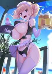 Rule 34 | 1girl, alcohol, apron, beach, beer, bikini, blonde hair, breasts, day, earrings, elbow gloves, food, garter belt, gloves, highres, jewelry, large breasts, looking at viewer, maid, maid apron, maid bikini, medium hair, mole, mole on breast, navel, original, purple eyes, revealing clothes, sakamata (sakamata4), shaved ice, smile, solo, sunlight, swimsuit, thighhighs, twintails, unconventional maid