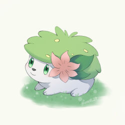 Rule 34 | animal focus, artist name, closed mouth, colored skin, commentary request, creatures (company), flower, game freak, gen 4 pokemon, green eyes, green hair, highres, iwasi 29, leaf, legendary pokemon, mythical pokemon, nintendo, no humans, on grass, pink flower, pokemon, pokemon (creature), shaymin, shaymin (land), simple background, sitting, smile, twitter username, white skin