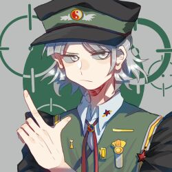Rule 34 | 1other, androgynous, black hat, black sleeves, blunt bangs, chinese commentary, closed mouth, commentary request, crosshair, finger gun, fingernails, frown, fujiwara no shirogane no sanra, green vest, grey background, grey eyes, grey hair, hat, len&#039;en, medal, military hat, other focus, parted bangs, party o.o&#039; clock, short hair, simple background, solo, star (symbol), upper body, vest, wing print, yin yang, yin yang print