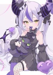 Rule 34 | 1girl, absurdres, ahoge, alternate costume, alternate hairstyle, asymmetrical legwear, balloon, black bow, black bowtie, black dress, black headdress, black nails, blush, bow, bowtie, chain, commentary, crow (la+ darknesss), demon girl, detached sleeves, dress, fishnet thighhighs, fishnets, green eyes, grey hair, hair bow, hat, highres, hololive, horn bow, horn ornament, horns, huge horns, ichipon1515, jewelry, la+ darknesss, long hair, long sleeves, looking at viewer, mini hat, mismatched legwear, multicolored hair, nail polish, pacifier, pointy ears, purple hair, purple thighhighs, ring, sitting, sleeveless, sleeveless dress, slit pupils, solo, streaked hair, striped horns, symbol-only commentary, thighhighs, twintails, very long hair, virtual youtuber, yellow eyes