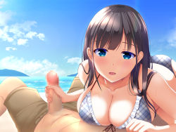 Rule 34 | 1girl, beach, bikini, bikini bottom only, black hair, blue eyes, blush, breasts, censored, cleavage, cloud, day, frilled bikini, frills, handjob, highres, imouto no tomodachi to hitonatsu no omoide, large breasts, legs, long hair, looking at viewer, lying, madogiwa oukoku, mosaic censoring, ocean, on stomach, open mouth, original, outdoors, penis, pov, sand, sky, smile, solo focus, sweat, swimsuit, thighs, water