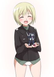 Rule 34 | 1girl, :d, black jacket, blonde hair, closed eyes, cowboy shot, crotch seam, dress shirt, erica hartmann, facing viewer, grey shirt, highres, holding, jacket, long sleeves, military, military uniform, no pants, open mouth, panties, shirt, short hair, simple background, smile, solo, standing, strike witches, toy robot, tricky 46, underwear, uniform, white background, white panties, wing collar, world witches series
