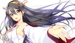 Rule 34 | &gt;:d, 10s, 1girl, :d, armpits, black hair, brown eyes, detached sleeves, hairband, haruna (kancolle), japanese clothes, kantai collection, long hair, looking at viewer, mataro (matarou), nontraditional miko, open mouth, outstretched arm, outstretched hand, personification, ribbon, ribbon-trimmed sleeves, ribbon trim, sarashi, smile, solo, v-shaped eyebrows