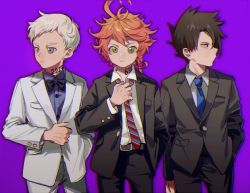 Rule 34 | 1girl, 2boys, ahoge, belt, black hair, blue eyes, blue shirt, bow, bowtie, buttoned cuffs, buttons, closed mouth, emma (yakusoku no neverland), formal, green eyes, grey shirt, holding, jacket, ke02152, long sleeves, looking at viewer, looking to the side, multiple boys, neck tattoo, necktie, norman (yakusoku no neverland), number tattoo, orange hair, pants, purple background, ray (yakusoku no neverland), shirt, short hair, simple background, suit, tattoo, white hair, white shirt, yakusoku no neverland