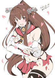 Rule 34 | 1girl, brown hair, cherry blossoms, collar, commission, dated, flower, hair flower, hair ornament, headgear, highres, kantai collection, kikumon, long hair, metal collar, ponytail, red sailor collar, red skirt, sailor collar, shell casing, signature, simple background, single thighhigh, skirt, solo, taira yuuki, thighhighs, torn clothes, white background, yamato (kancolle)