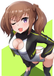 Rule 34 | 1girl, alice gear aegis, ass, breasts, brown hair, character request, cleavage, cleavage cutout, clothing cutout, fang, hand on leg, hand on own hip, hand on own leg, hand on own thigh, highres, jacket, large breasts, leaning forward, legs, looking at viewer, one eye closed, open clothes, open jacket, purple eyes, smile, solo, thighs, twintails