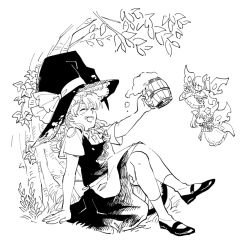 Rule 34 | 3girls, alcohol, apron, beer, beer mug, black dress, bloomers, blush, bow, braid, butterfly wings, buttons, cup, dress, fairy, fairy wings, frilled dress, frilled skirt, frills, greyscale, hair bow, hat, hat bow, holding, holding cup, insect wings, kirisame marisa, leaning back, long skirt, mini person, minigirl, monochrome, mug, multiple girls, natsume (menthol), shoes, short sleeves, side braid, side ponytail, single braid, skirt, smile, sunflower fairy (touhou), touhou, tree, underwear, waist apron, white background, white bow, wings, witch hat