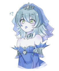 Rule 34 | 1girl, bare shoulders, blue dress, breasts, colored tongue, dress, duel monster, green eyes, grey hair, hayupipipipi, medium hair, purple tongue, sleeves past wrists, small breasts, solo, tearlaments merrli, tiara, tongue, tongue out, upper body, veil, white background, yu-gi-oh!