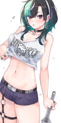 1girl absurdres belt black_belt black_choker black_hair blue_sky breasts brown_hair choker cleavage colored_inner_hair commentary crop_top earrings green_eyes green_hair highres hirasawa_izumi holding holding_wrench hololive hololive_dev_is jewelry large_breasts looking_at_viewer medium_hair midriff multicolored_hair navel o-ring o-ring_thigh_strap open_mouth parted_bangs print_tank_top purple_hair rindo_chihaya ring short_shorts shorts sidelocks simple_background sky solo streaked_hair symbol-only_commentary tank_top thigh_strap virtual_youtuber white_background white_hair white_tank_top wrench