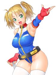 Rule 34 | 1girl, armpits, bare shoulders, belt, blonde hair, breasts, covered erect nipples, curvy, female focus, fingerless gloves, gloves, green eyes, gundam, gundam card builder, highleg, highleg leotard, highres, hip focus, large breasts, leotard, lipstick, looking at viewer, makeup, onsoku inu, open mouth, reiko holinger, short hair, short twintails, simple background, smile, solo, thick thighs, thighhighs, thighs, twintails, white background, white thighhighs, wide hips
