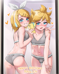 1boy 1girl ass blonde_hair blue_eyes bow bra breasts brother_and_sister bulge c_take0141 calvin_klein cellphone commentary_request crossdressing embarrassed grey_bra grey_panties grin hair_bow hair_ornament hairclip happy_birthday headphones heart highres holding holding_phone kagamine_len kagamine_rin looking_at_viewer mirror_selfie nail_polish navel open_mouth panties phone short_hair siblings small_breasts smartphone smile underwear v vocaloid white_bow yellow_nails