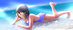 Rule 34 | 00s, 1girl, arm support, barefoot, black hair, breasts, brown eyes, casual one-piece swimsuit, head rest, cleavage, dutch angle, glasses, gunparade orchestra, leg up, lying, making, ocean, on stomach, one-piece swimsuit, short hair, small breasts, solo, submerged, swimsuit, tanoue yukari, wading, water, wavy hair
