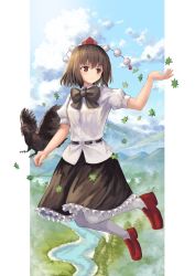 Rule 34 | 1girl, arm up, bad id, bad pixiv id, belt, bird, black bow, black bowtie, black skirt, blue sky, bow, bowtie, brown hair, cloud, commentary request, crow, floating, forest, hair between eyes, hat, highres, lake, leaf, looking to the side, maple leaf, mountain, nature, ookashippo, pantyhose, petticoat, pom pom (clothes), puffy short sleeves, puffy sleeves, red eyes, red footwear, red hat, river, scenery, shameimaru aya, shirt, short hair, short sleeves, skirt, sky, smile, solo, tokin hat, touhou, untucked shirt, white pantyhose, white shirt