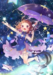 Rule 34 | 1girl, alternate costume, animal ears, anklet, blue dress, bracelet, braid, brown hair, cat ears, cat girl, cat tail, chen, china dress, chinese clothes, commentary request, dress, earrings, falling star, fang, fangs, full body, gold trim, high collar, highres, ibaraki natou, jewelry, multiple tails, open mouth, outstretched arm, red eyes, shoes, sleeveless, sleeveless dress, solo, star (symbol), tail, tassel, thighhighs, touhou, two tails, umbrella