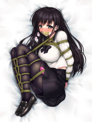 Rule 34 | 1girl, arms behind back, bdsm, bed sheet, black bow, black bowtie, black footwear, black hair, black pantyhose, black sailor collar, black skirt, blush, bondage, bound, bound arms, bound legs, bow, bowtie, breasts, controller, embarrassed, female focus, from above, gag, gagged, highres, improvised gag, japanese text, legs together, long hair, long sleeves, looking at viewer, lying, medium breasts, miniskirt, nose blush, on side, original, pantyhose, pleated skirt, remote control, remote control vibrator, rope, sailor collar, sakurayashiki nisei, school uniform, serafuku, sex toy, shirt, shoes, skindentation, skirt, solo, speech bubble, tape, tape gag, tears, translation request, vibrator, vibrator cord, vibrator under clothes, white background, white shirt, yellow eyes