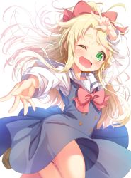 Rule 34 | 1girl, ;3, ;d, arm up, blonde hair, blue dress, blush, bow, commentary request, dress, green eyes, hair bow, high ponytail, himesaka noa, long hair, long sleeves, looking at viewer, looking to the side, matokechi, one eye closed, open mouth, ponytail, red bow, sailor collar, sailor dress, school uniform, shirt, simple background, sleeveless, sleeveless dress, smile, solo, thick eyebrows, very long hair, w, watashi ni tenshi ga maiorita!, white background, white sailor collar, white shirt