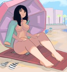 Rule 34 | 1girl, barefoot, beach, black hair, breasts, brickshoes, corey (hotline miami 2), curvy, feet, female, female focus, hotline miami, hotline miami 2, large breasts, long hair, looking down, nude, on floor, pointy nose, sand, sitting, solo, thick thighs, thighs, umbrella