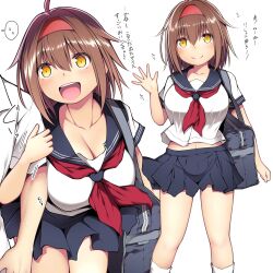 Rule 34 | 1boy, 1girl, absurdres, bag, breasts, brown hair, cleavage, hair between eyes, hairband, highres, kantai collection, kuromayu, large breasts, multiple views, neckerchief, open mouth, orange eyes, pleated skirt, red hairband, red neckerchief, sailor collar, school bag, school uniform, serafuku, shiratsuyu (kancolle), shirt, short hair, short sleeves, simple background, skirt, solo focus, translation request, white background, white shirt