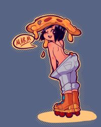 Rule 34 | 1girl, ;), back, black eyes, black hair, blush, blush stickers, bob cut, borrowed character, cheese, dimples of venus, dripping, food, food on head, from behind, grey eyes, highres, looking back, mitabi, mushroom, naked suspenders, object on head, one eye closed, open mouth, original, oversized clothes, pants, pepperoni, pizza, roller skates, roni rollerblader, short hair, skates, smile, solo, suspenders, swept bangs, topless, wink