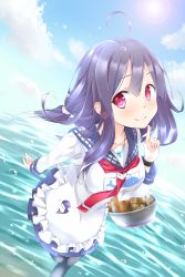 Rule 34 | 10s, 1girl, ahoge, breasts, day, highres, kantai collection, long hair, low twintails, magatama, medium breasts, pantyhose, purple hair, red eyes, school uniform, serafuku, shika, sky, smile, solo, sun, taigei (kancolle), twintails