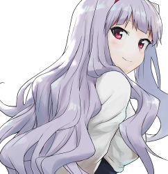 Rule 34 | 1girl, breasts, closed mouth, eyebrows hidden by hair, from behind, hairband, idolmaster, idolmaster (classic), long hair, looking at viewer, medium breasts, purple eyes, purple hairband, shijou takane, shuucream (syuichi), silver hair, simple background, smile, solo, white background